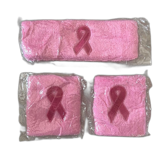 Pink Breast Cancer Awareness Ribbon Embroidery Headband and Wrist Sweatb… - Picture 1 of 1